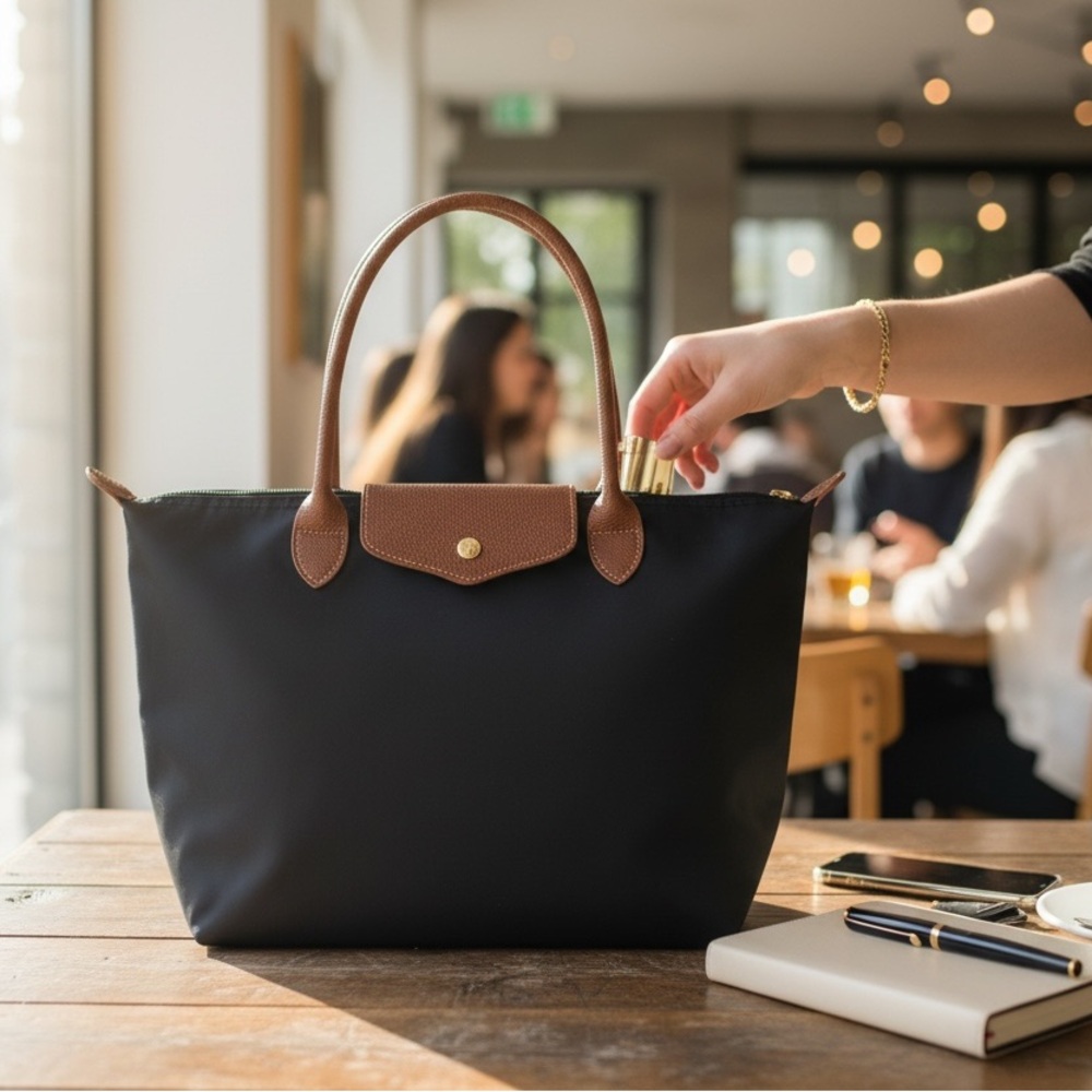 Nylon Tote Bag Black Brown | Minimalist Quiet Luxury Everyday Work Bag . - Picture 2 of 8